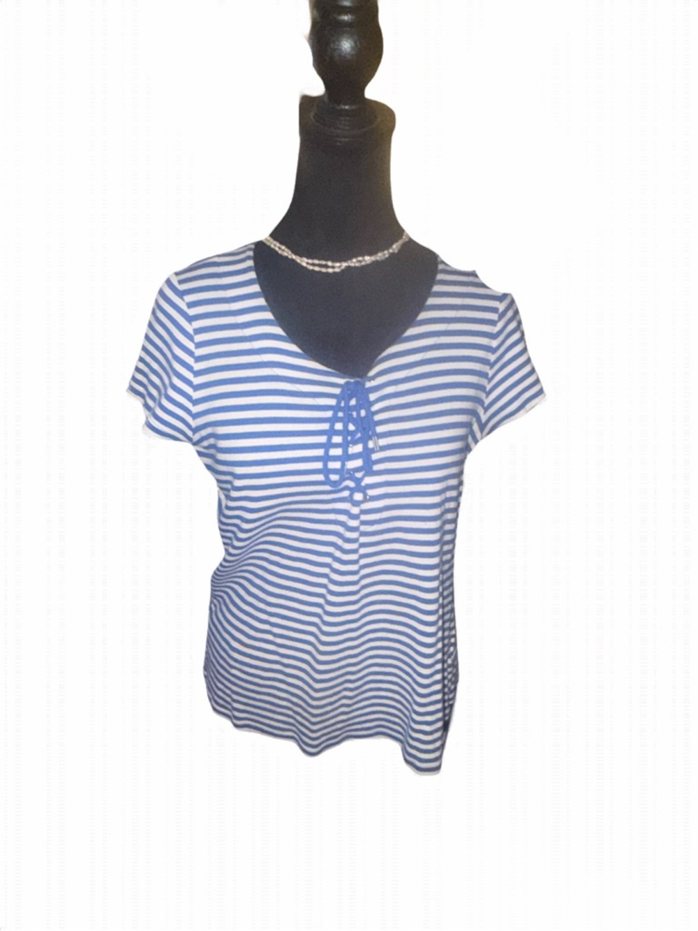Chaps Blue and White Striped Tie-Front Short Sleeve Top